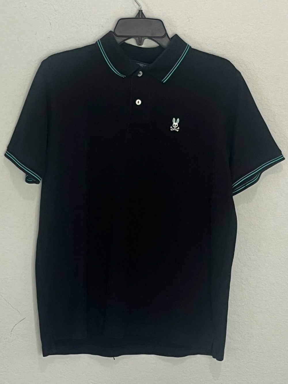 Psycho Bunny Polo Shirt Mens Size 5 Blue Pima Cotton Aqua Tipped Cuff Skull Logo